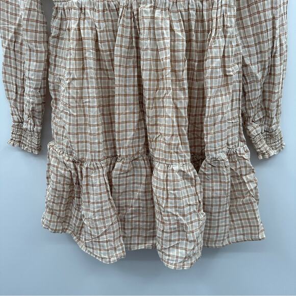 American Eagle Cream & Tan Check Long Sleeve Smocked Tiered Mini Dress Sz S NEW‎ - Picture 3 of 9